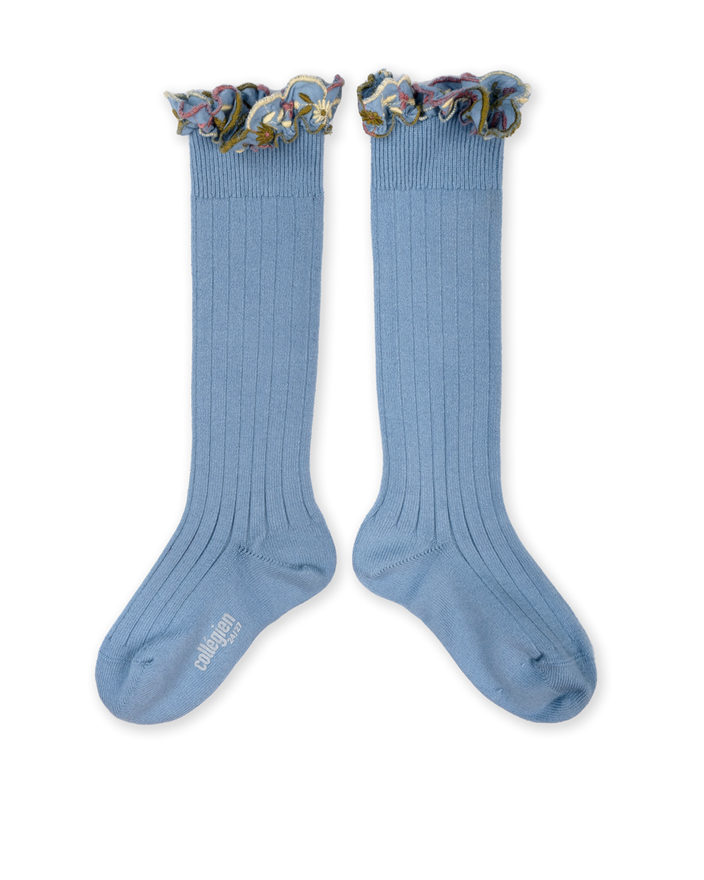[Collégien]  Eglantine - Embroidered Ruffle Ribbed Knee-high Socks - Bleu Azur [21/23]