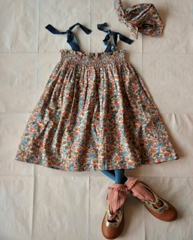 [BONJOUR] Long skirt dress with scarf   /Small Blue flowers print [8Y, 10Y]