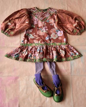 [BONJOUR] Folk dress with braid top  &amp; embroidery /Big brown flower print [8Y]