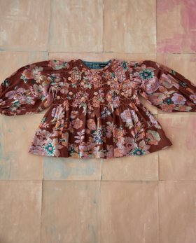 [BONJOUR] Handsmock blouse /Big brown flower print [4Y, 6Y, 8Y, 10Y]
