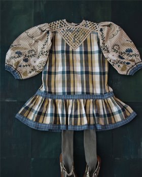 [BONJOUR] Folk dress with braid top &amp; embroidery /Big green check [8Y]