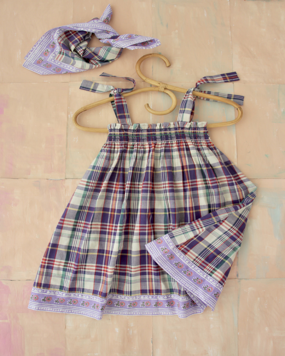[BONJOUR]Skirt dress with scarf 50*50 cm with borde /Purple check [4Y,8Y,10Y]