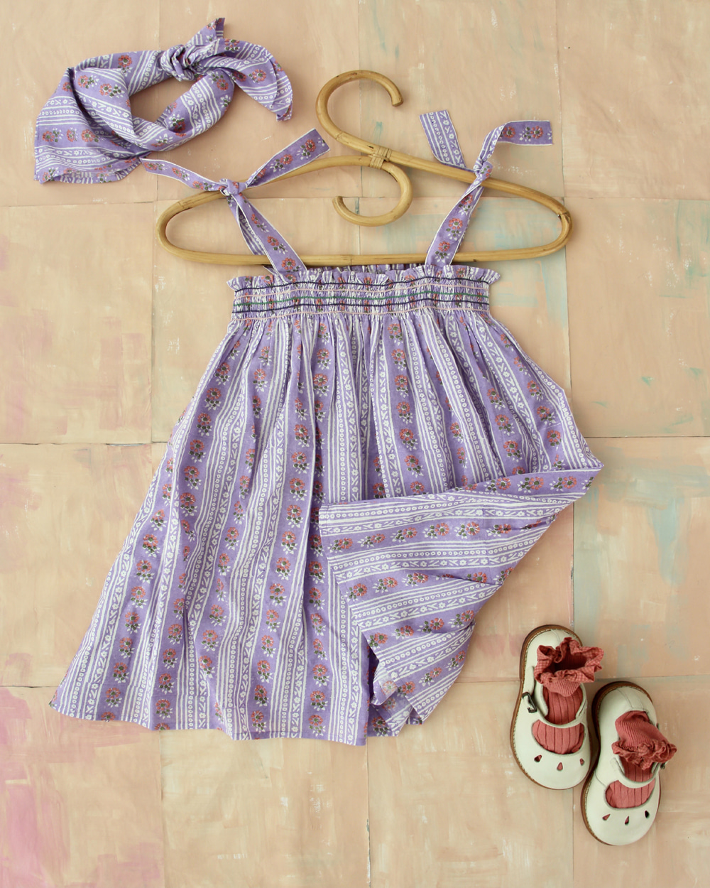 [BONJOUR]Skirft dress with 50*50 Scarf /Purple hand block flower stripe print [6Y,10Y]