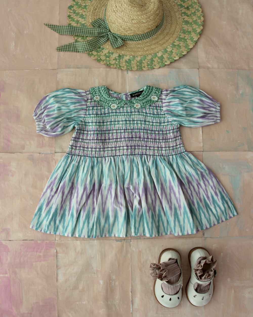 [BONJOUR]Tunique Blouse with Embroidery collar /Ikat fabric [4Y,6Y]