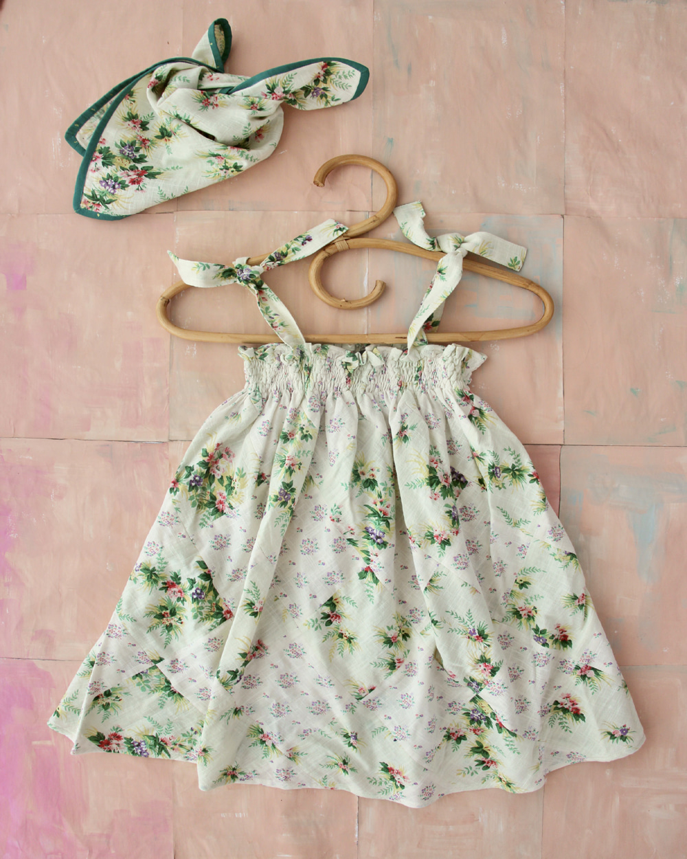 [BONJOUR]Patchwork Skirt Dress with Scarf /Green gold dot fabric [4Y,8Y,10Y]