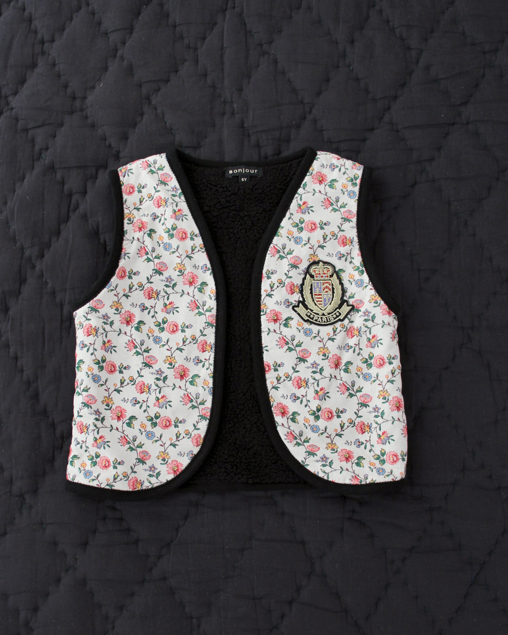 [BONJOUR] Sleeveless reversible Quilted Jacket WITHOUT SLEEVE / Ivory flower print - Corduroy [4Y, 10Y]