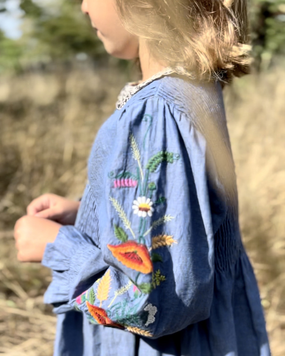 [ BONJOUR]DRESS WITH EMBROIDERY COLLAR &amp; SLEEVE /Chambray [4Y,6Y]