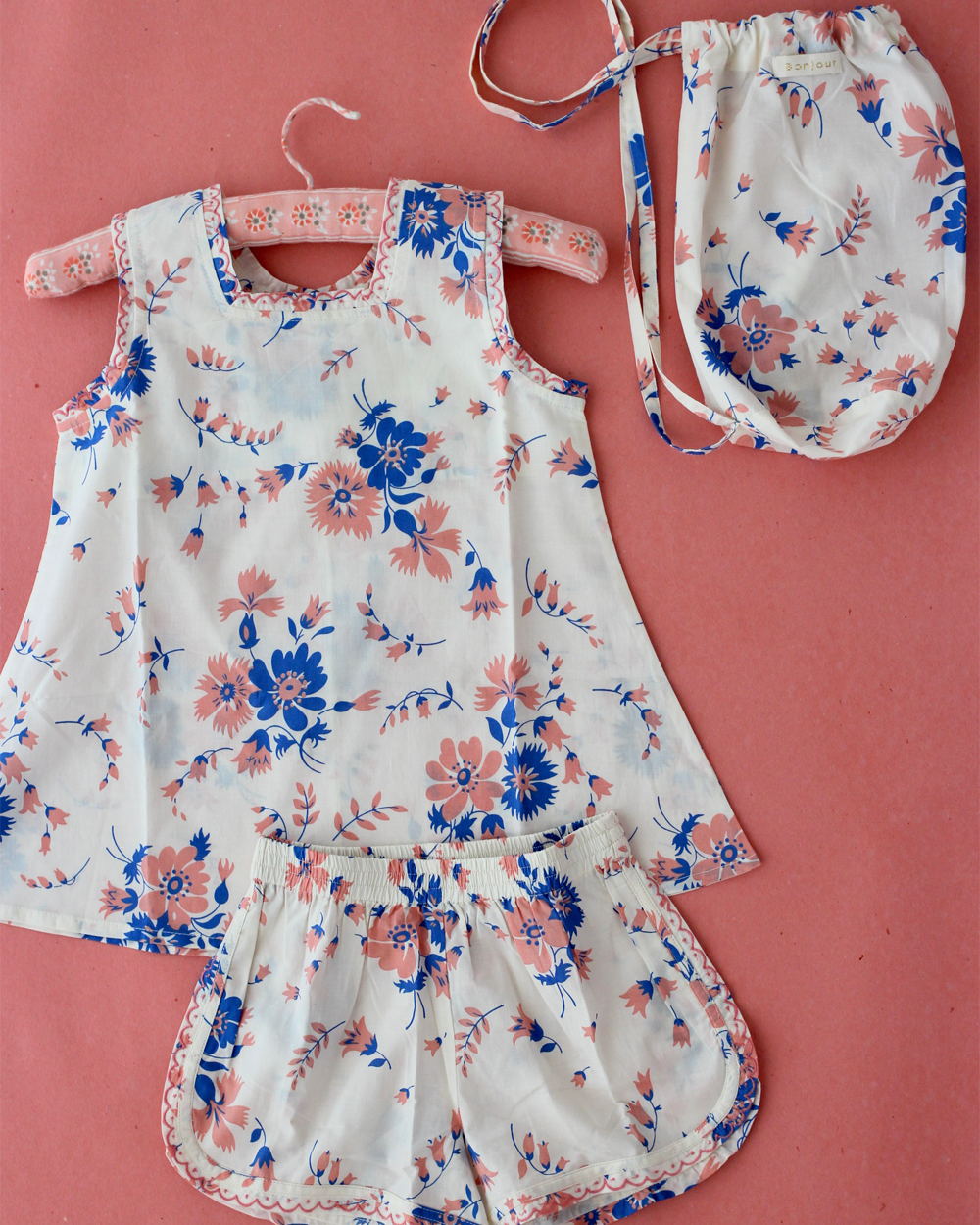 [ BONJOUR ] TOP AND SHORT SET WITH POUCH / Bouquet blue rose print organic voile