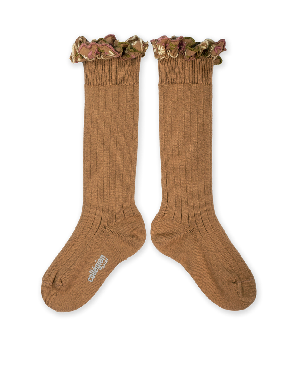 [Collégien] Eglantine - Embroidered Ruffle Ribbed Knee-high Socks - Caramel au Beurre Salé [21-23, 32-35]