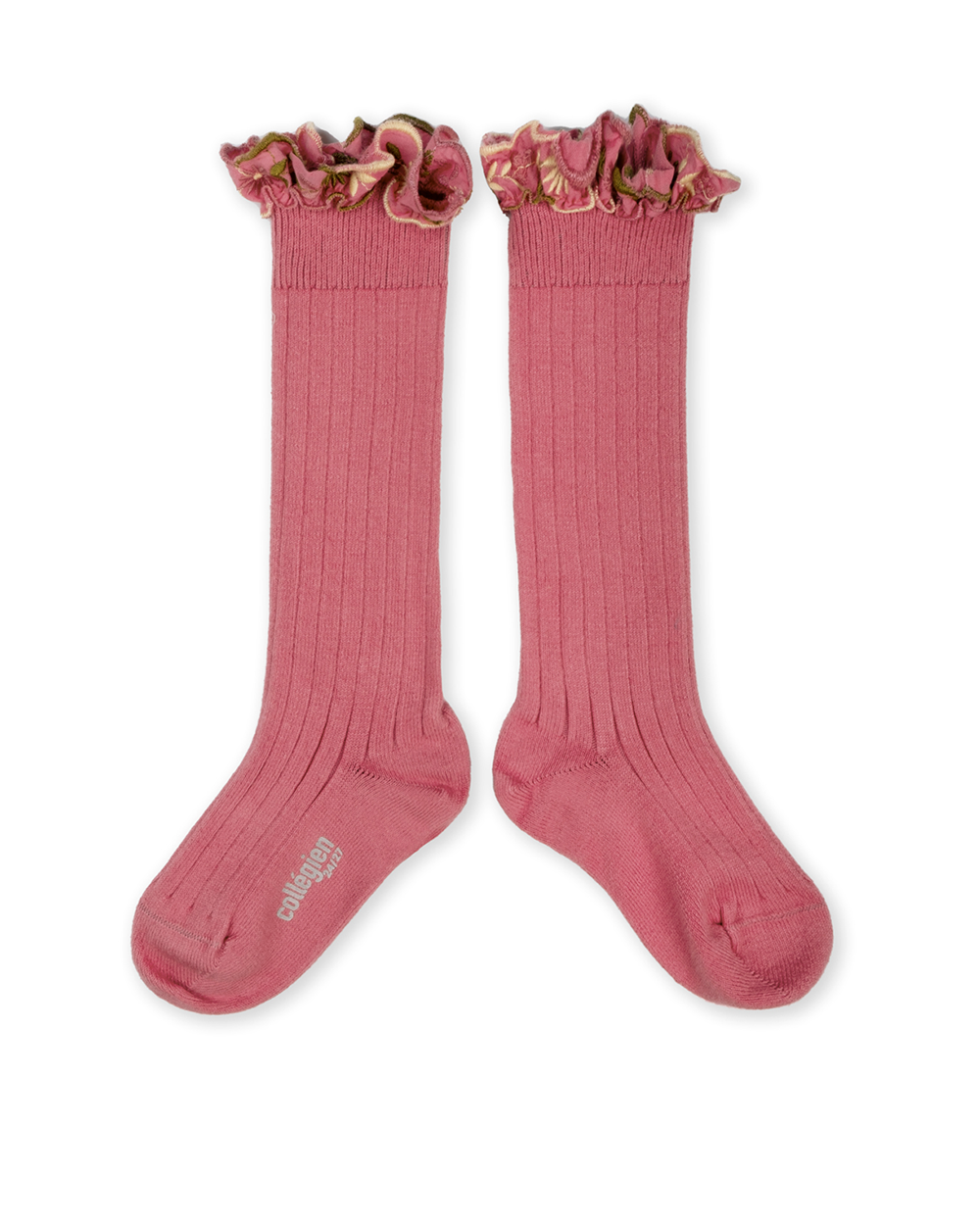 [Collégien] Eglantine - Embroidered Ruffle Ribbed Knee-high Socks - Rose Litchi