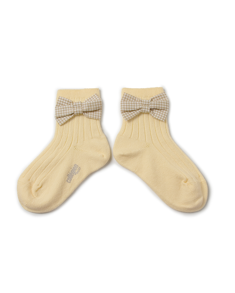 [Collégien] Colette - Ribbed Ankle Socks with Gingham bow - Vanille [24-27, 28-31]