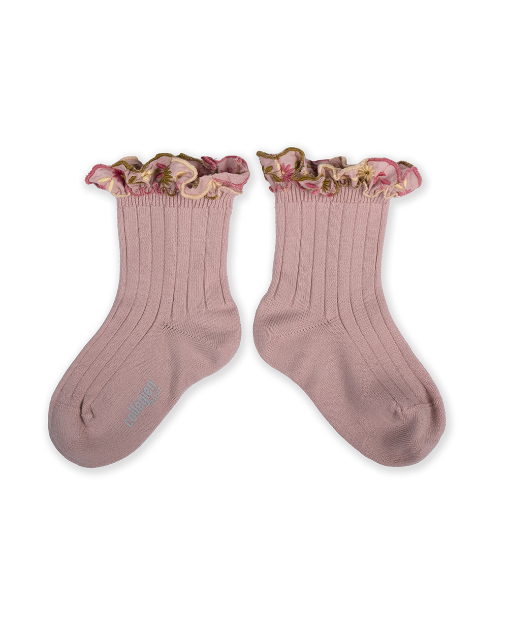 [Collégien]  Anémone - Embroidered Ruffle Ribbed Ankle Socks - Vieux Rose