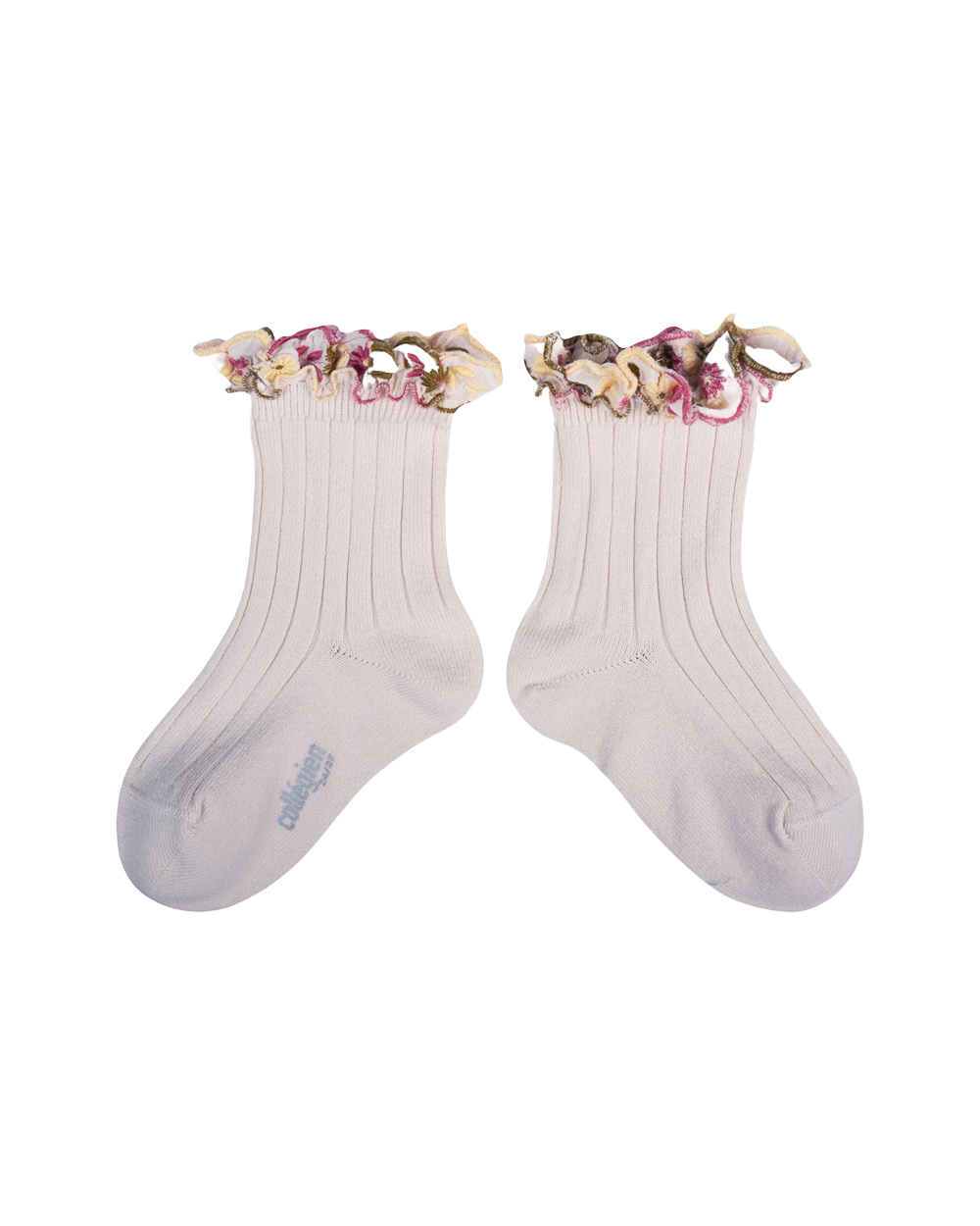 [Collégien] Anémone - Embroidered Ruffle Ribbed Ankle Socks - Blanc Neige
