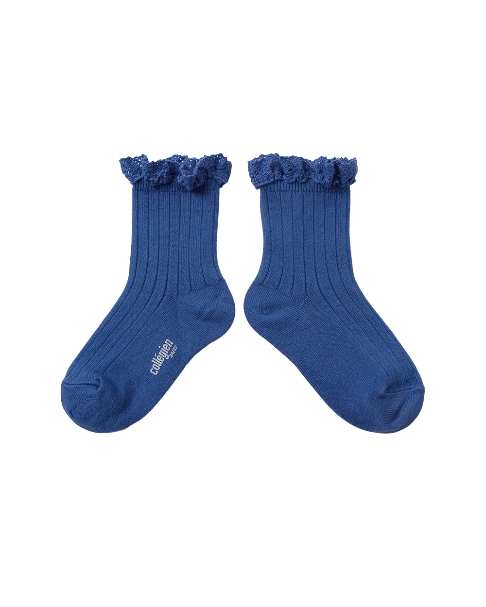 [Collégien] Lili - Lace Trim Ribbed Ankle Socks - Bleu Saphir